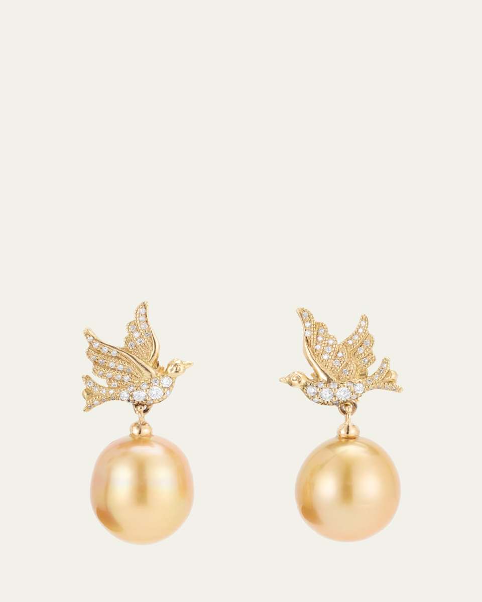 18K Yellow Gold Love Birds Pearl Drop Earrings with Diamonds